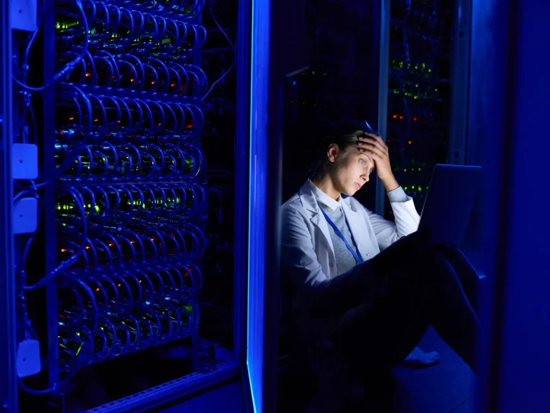 Portrait of tired young woman sitting on floor in dark server room using laptop while working with supercomputer at night